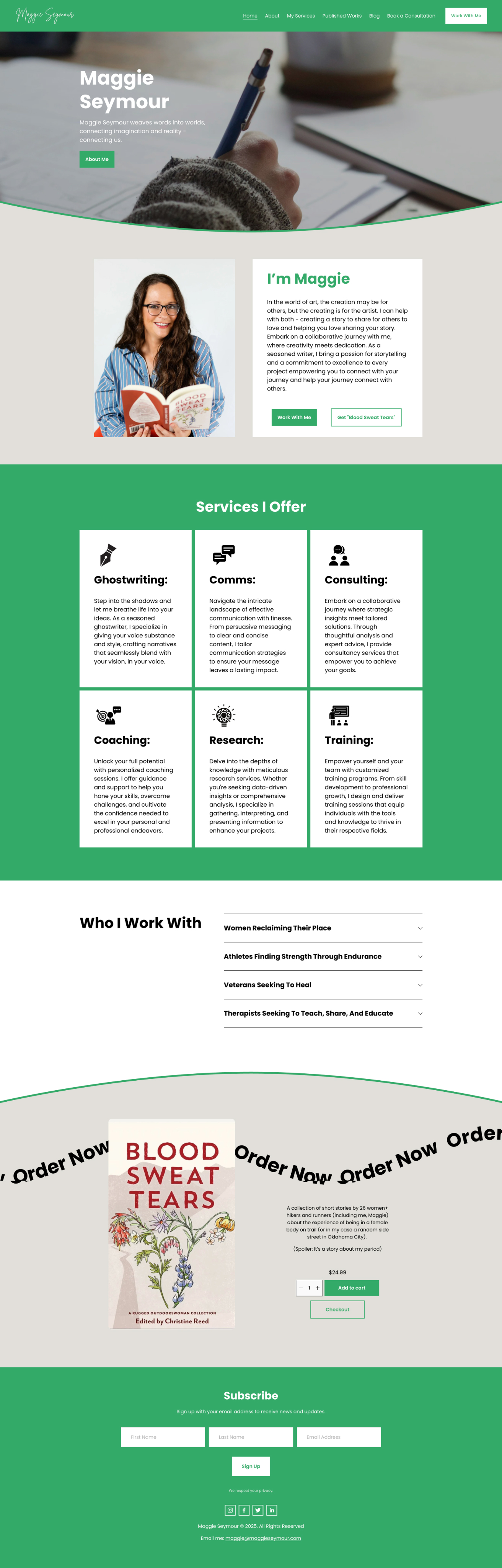Maggie Seymour homepage, an author and speaker site designed by Jess Luszcz.