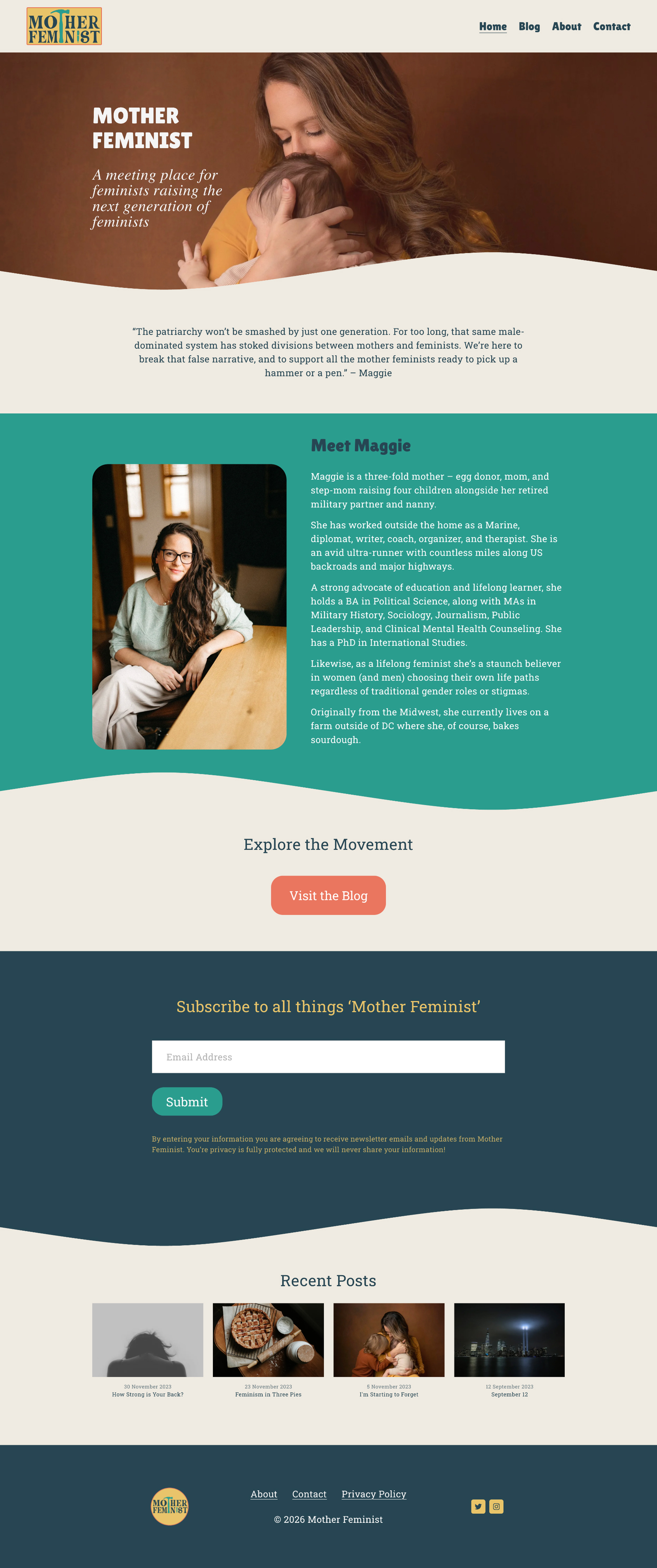 Mother Feminist homepage, a writing and community site designed by Jess Luszcz.