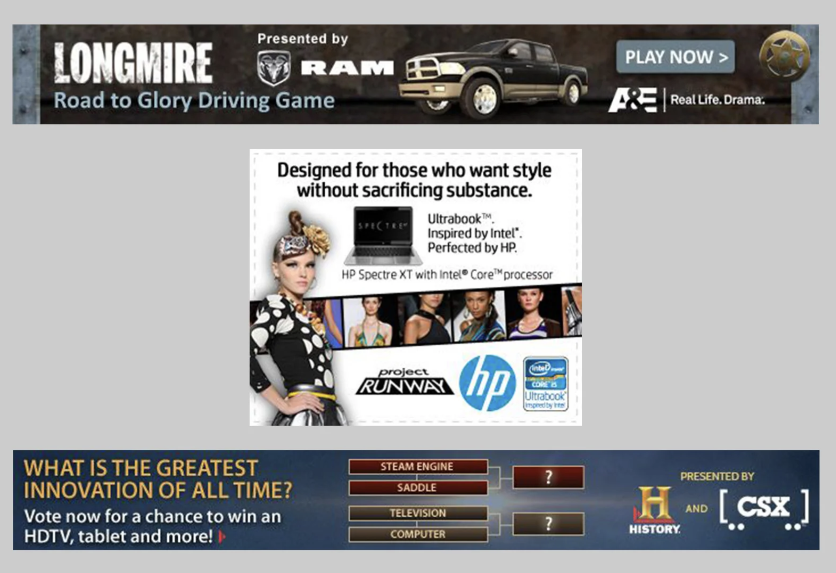 A&E co-branded promotion pairing the Longmire Road to Glory driving game with RAM, HP, and CSX sponsor units.