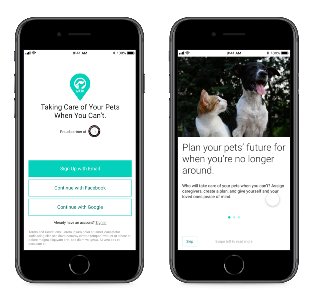 MAAP pet care app screens shown on a mobile device.