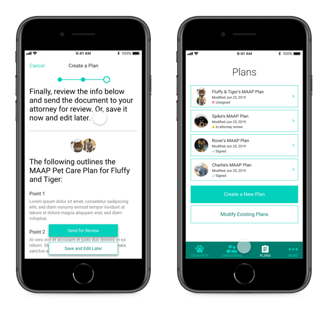 MAAP app screens for entering pet details and appointing a caregiver.