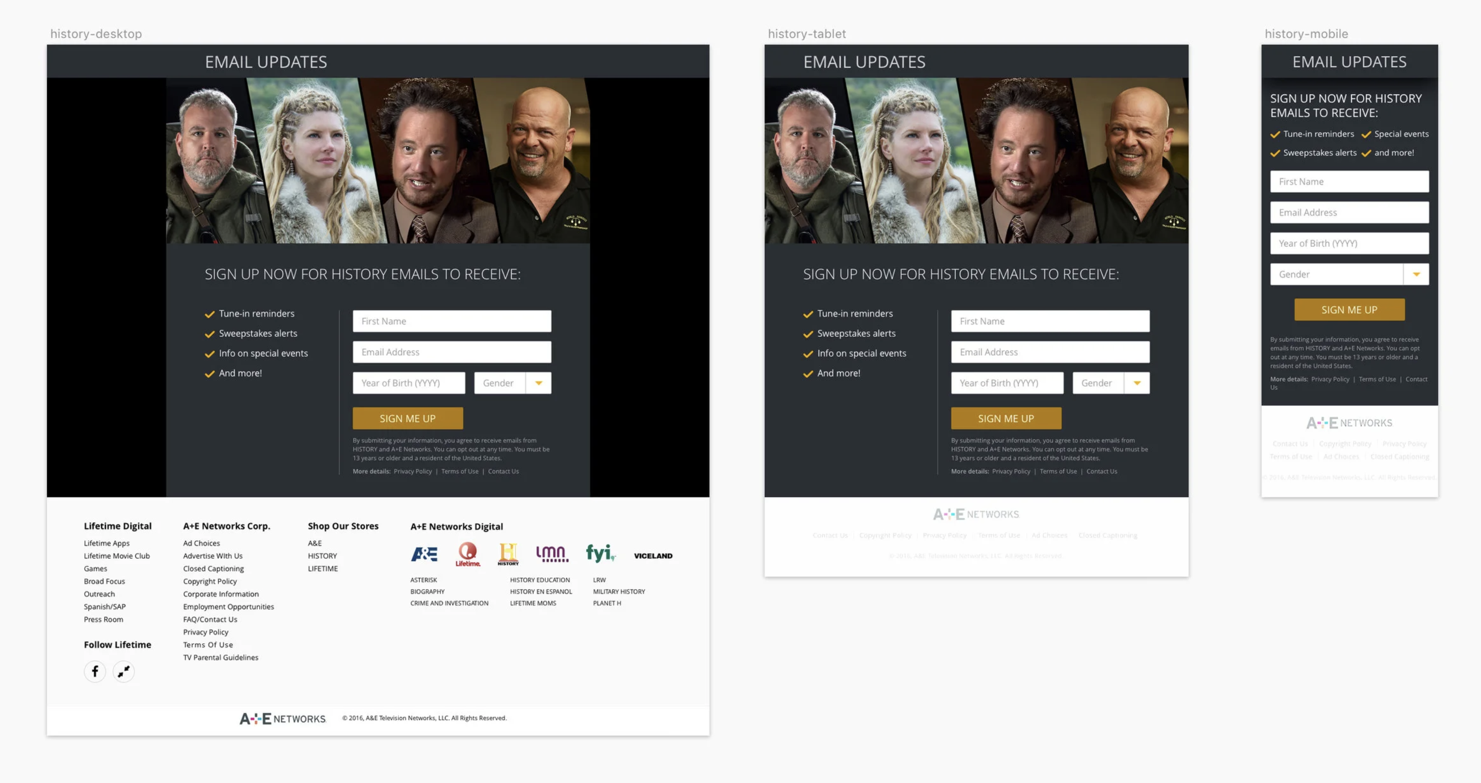 HISTORY channel email sign-up flow shown across desktop and mobile screens.