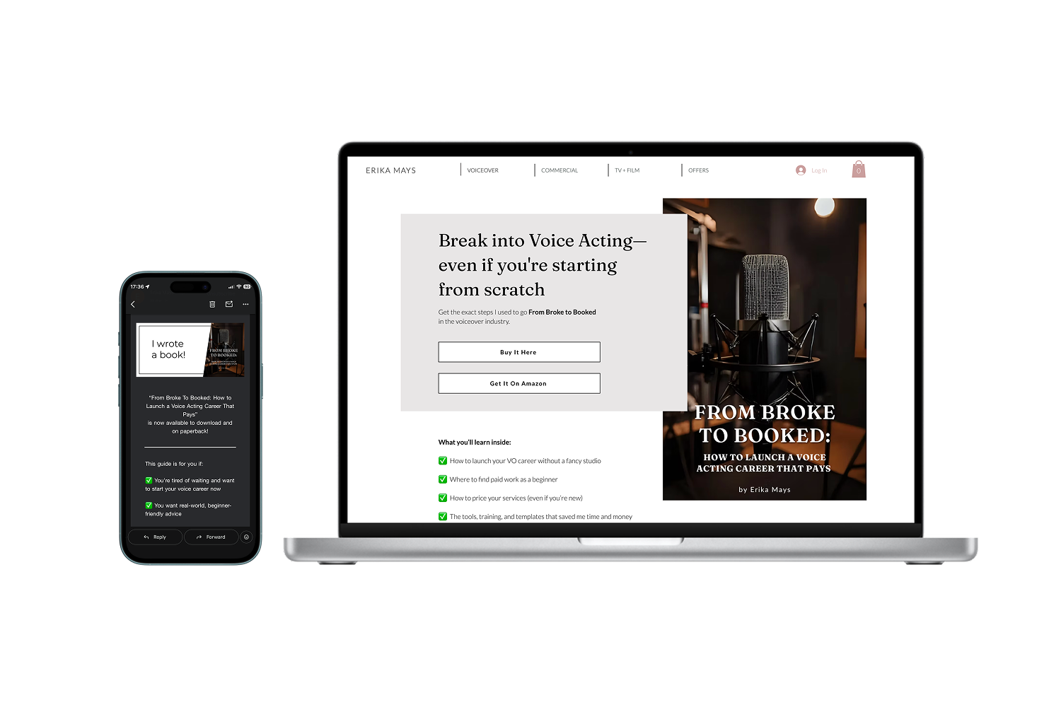 Erika Mays book launch campaign shown on a laptop and an iPhone.