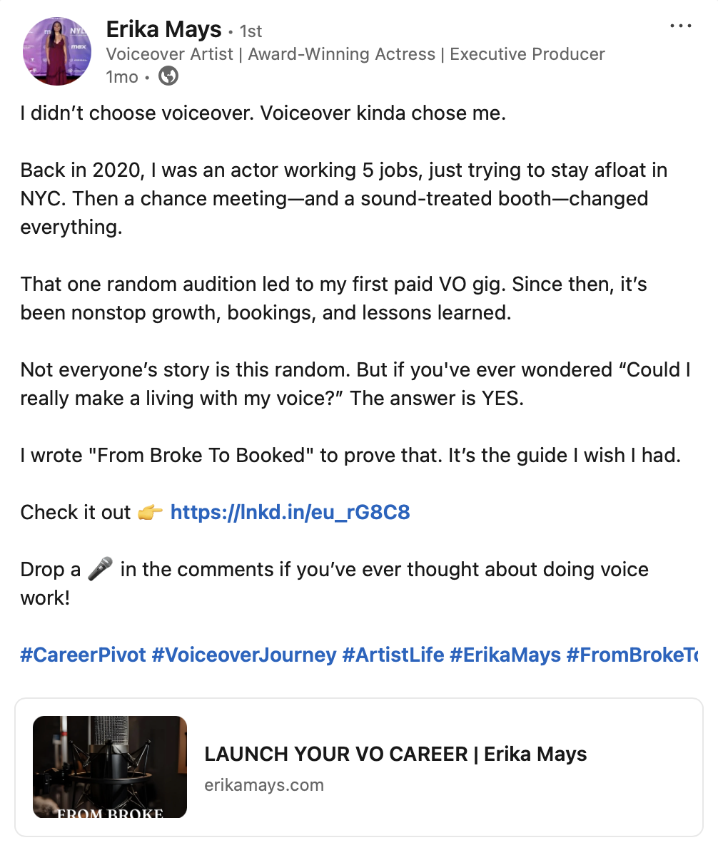 LinkedIn post teasing the upcoming book to voice actors, casting directors, and agents.