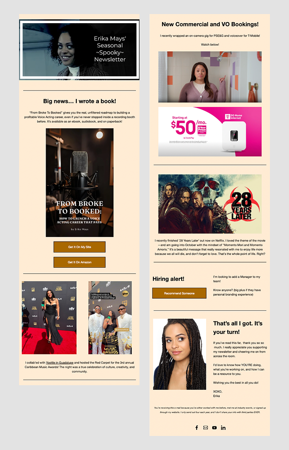 Fall newsletter layout for voiceover actress Erika Mays, with booking news and a course promotion.