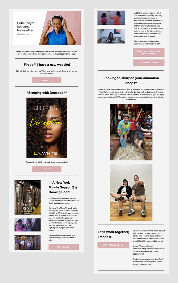 Summer newsletter layout for Erika Mays, featuring recent projects and a demo reel callout.