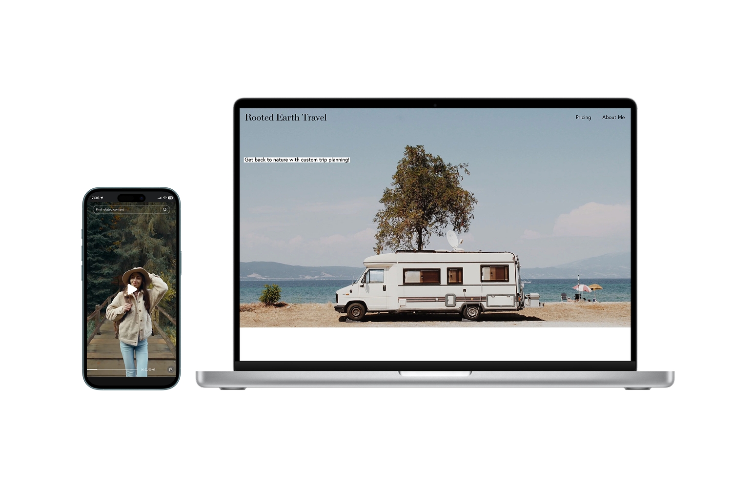 Rooted Earth Travel website shown on a laptop and an iPhone.